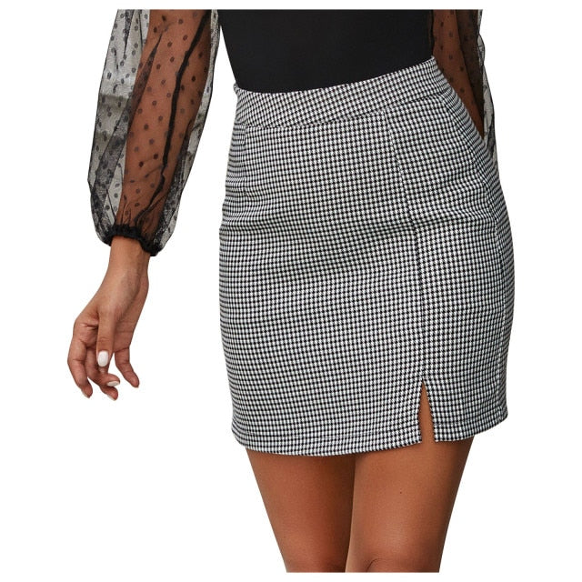 ZALE Plaid Houndstooth Printing Open Fork High Waist Short Skirt Mini Skirt