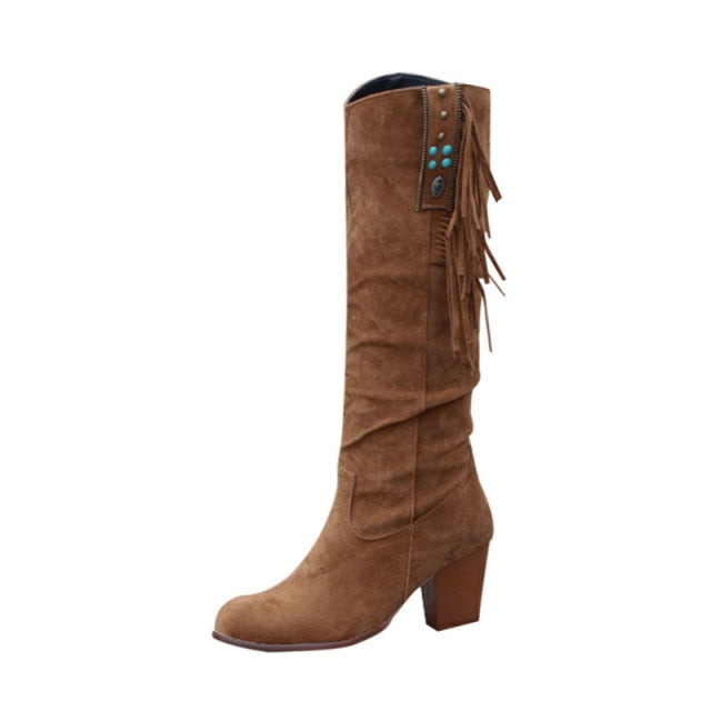 DALLAS Knee-High Western Riding Wedge Heel Tassels Cowboy Boots Women Shoes