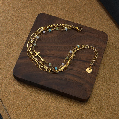 NOEL Stainless Steel Colorful Beads Cross Three Chain Bracelets
