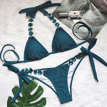 Cargar imagen en el visor de la galería, MONE Shiny Sequent Faux Diamond Push Up Halter Bikini Set Swimwear - Bali Lumbung