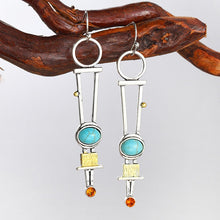 Laden Sie das Bild in den Galerie-Viewer, FLO Tribal Turquoises Rhinestone Vintage Long Dangle Earrings