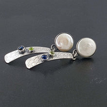 Load image into Gallery viewer, TEAGAN White Pearl Knob Silver Texture Boho Earrings with Green Blue Stones