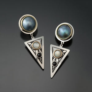 SADE Chic Triangle and Round Pearl Moonstone Black Beads Vintage Silver Drop Earrings