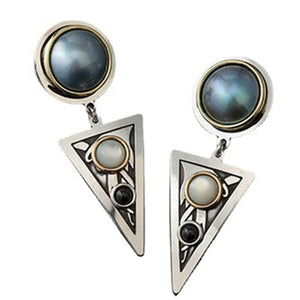 SADE Chic Triangle and Round Pearl Moonstone Black Beads Vintage Silver Drop Earrings