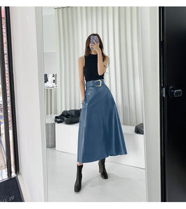 JODIE PU Leather Skirt Women Belt With Sashes Slim High Waist A-line Elegant Skirt