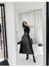 Cargar imagen en el visor de la galería, JODIE PU Leather Skirt Women Belt With Sashes Slim High Waist A-line Elegant Skirt