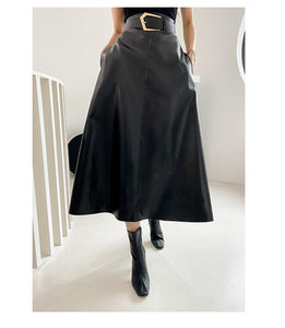 JODIE PU Leather Skirt Women Belt With Sashes Slim High Waist A-line Elegant Skirt