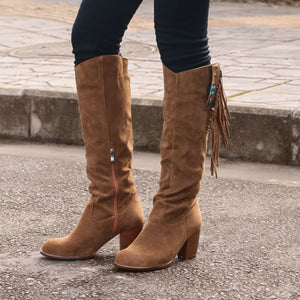 DALLAS Knee-High Western Riding Wedge Heel Tassels Cowboy Boots Women Shoes