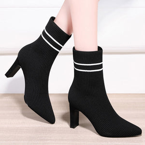 MILO Knits Black Pointed Toe High Heels Sock Stretch Ankle Boots