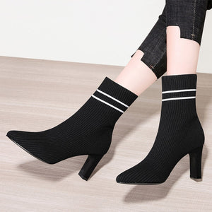 MILO Knits Black Pointed Toe High Heels Sock Stretch Ankle Boots