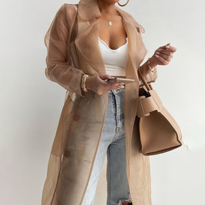 MILLIE Elegant See Through Spring Solid Sheer Mesh Long Sleeve Buttoned Coat With Belt - Bali Lumbung