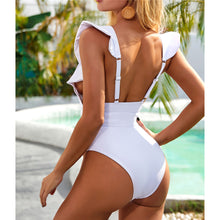 Load image into Gallery viewer, IOLANA Sexy Belted Ruffled White Deep V One Piece Swimsuit - Bali Lumbung