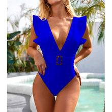 Load image into Gallery viewer, IOLANA Sexy Belted Ruffled White Deep V One Piece Swimsuit - Bali Lumbung