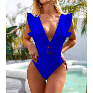 IOLANA Sexy Belted Ruffled White Deep V One Piece Swimsuit - Bali Lumbung