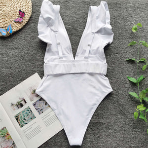 IOLANA Sexy Belted Ruffled White Deep V One Piece Swimsuit - Bali Lumbung