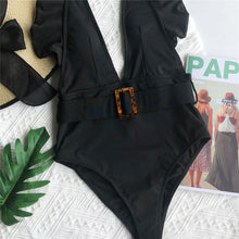 Cargar imagen en el visor de la galería, IOLANA Sexy Belted Ruffled White Deep V One Piece Swimsuit - Bali Lumbung