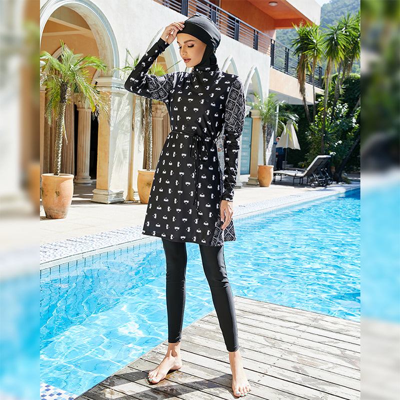 FAHMARA Puff Sleeves High Waist Printed Burkini Swimsuit - Bali Lumbung